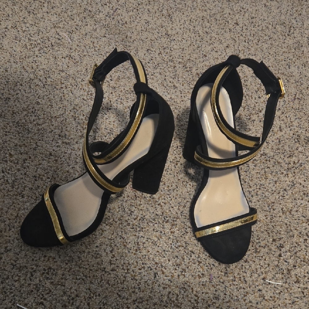 Strappy Black and Gold Heels